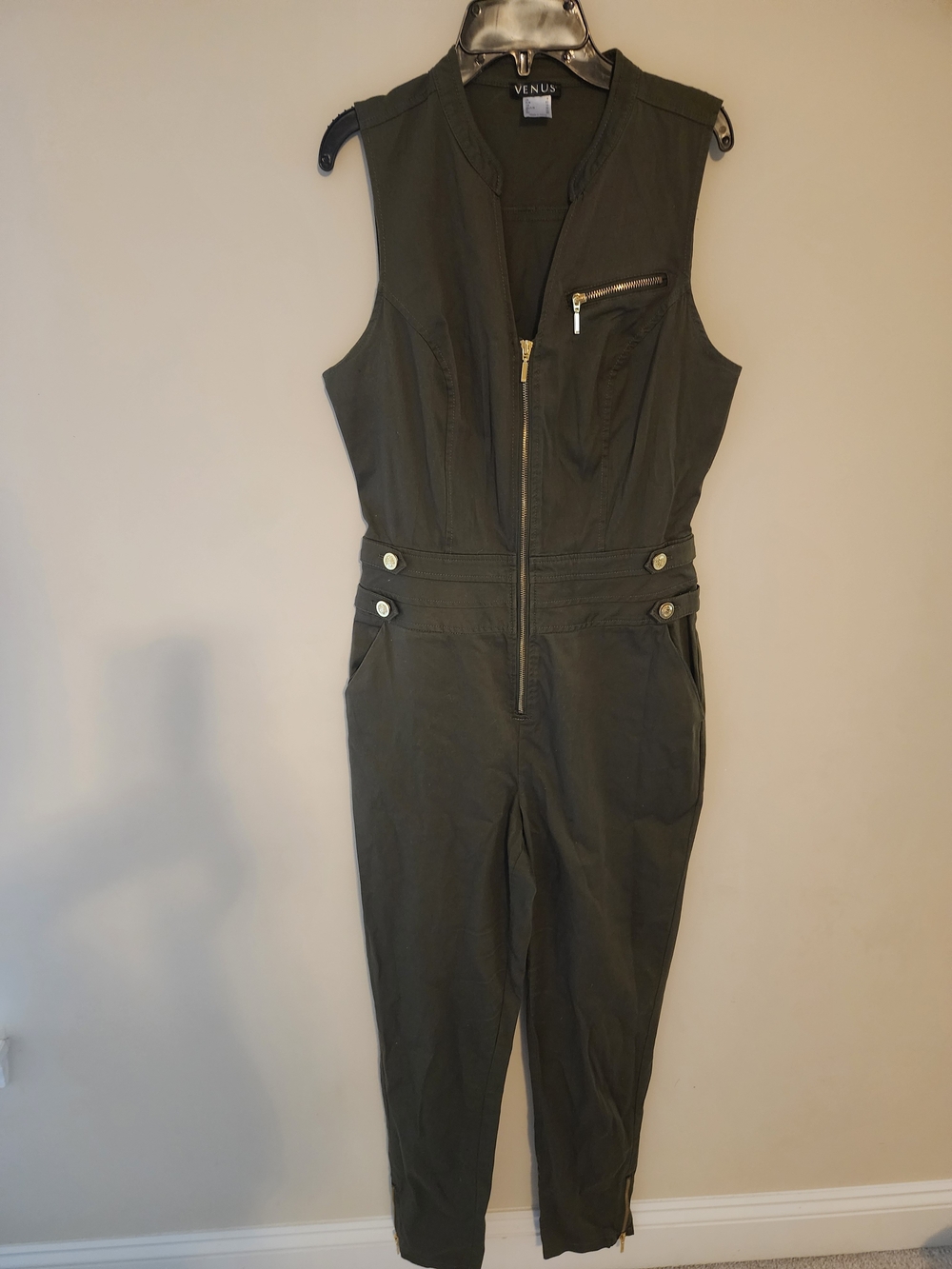 VENUS Olive Utility Zip-Front Sleeveless Jumpsuit